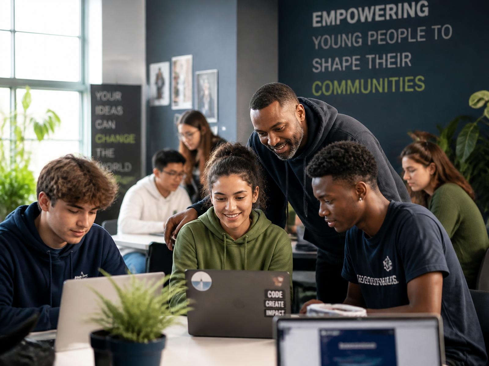 Young people working on laptops with a mentor during a CyberLearn Durham session