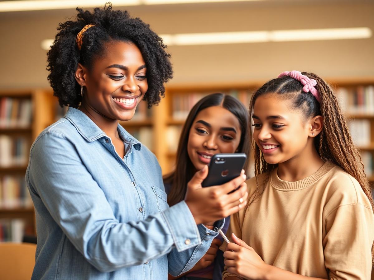A mentor showing two teenagers how to check a suspicious message on a phone